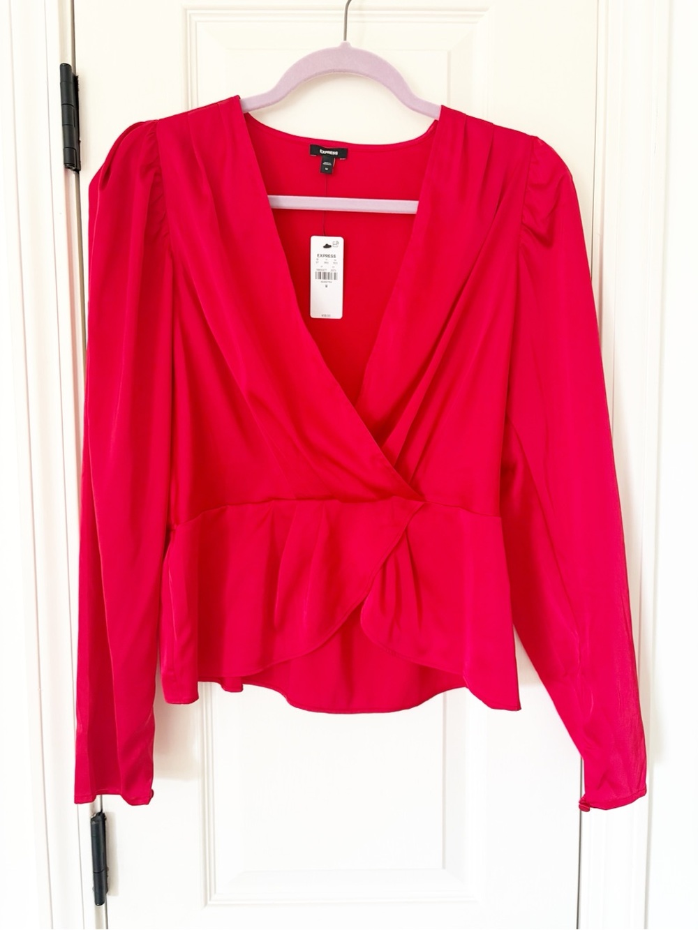 NEW ⭐️ Express medium Red Wrap Front Peplum Blouse Long Sleeve Red Silky